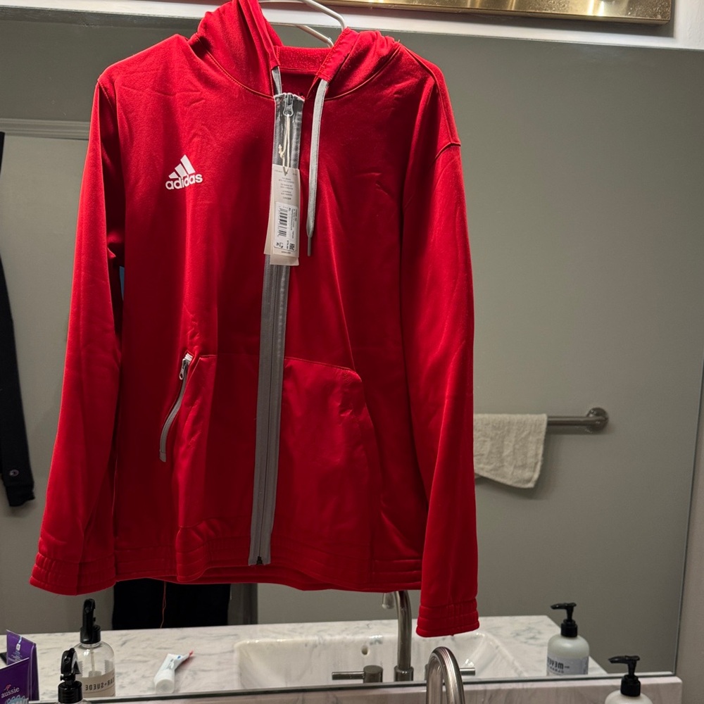 Adidas Women’s Red Hooded Jacket with Gray Accents